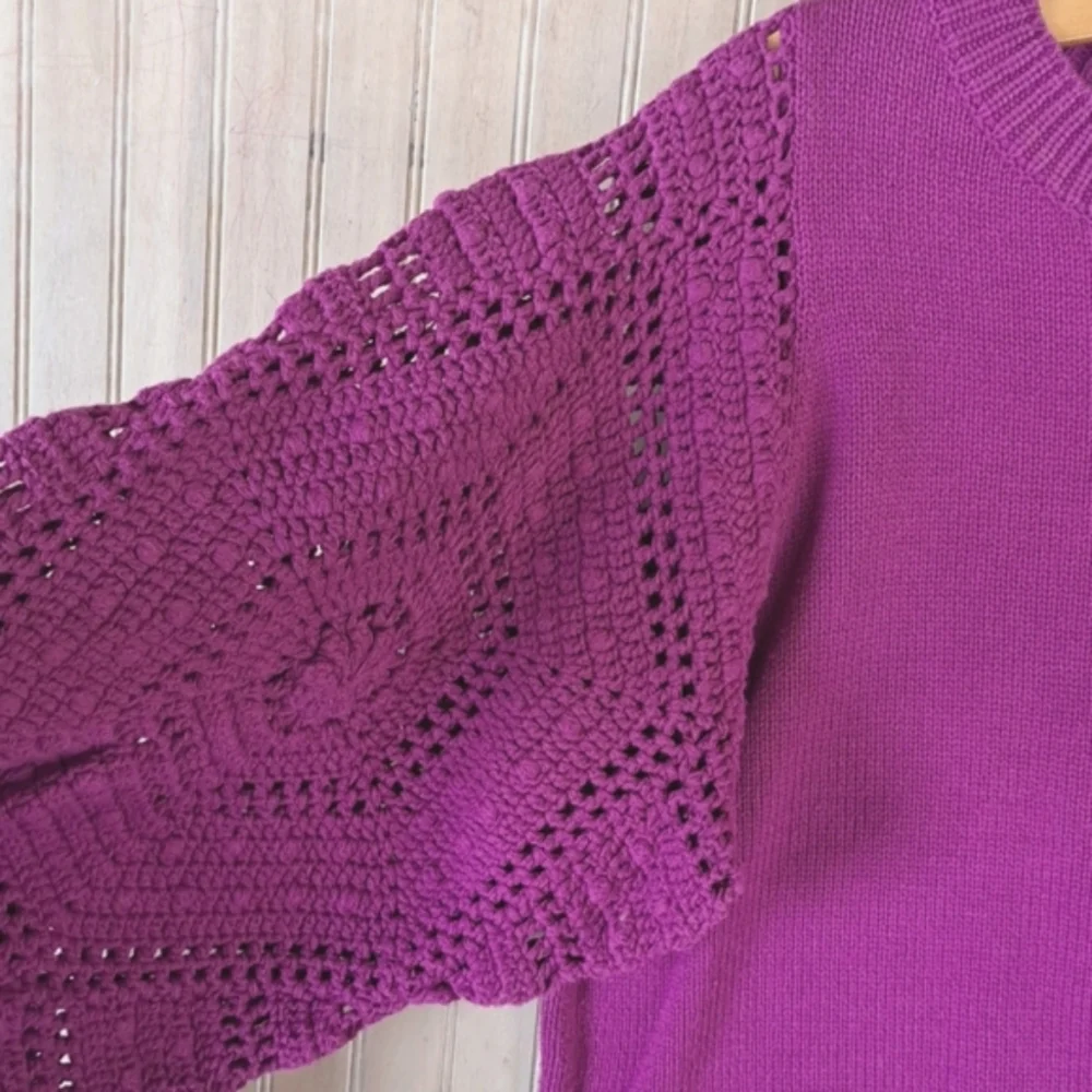 Fate Handknit Puff Crochet Sleeve Knit Sweater Cotton Blend Boho Soft Purple - Picture 6 of 10